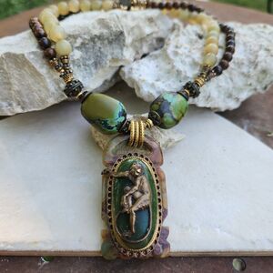 Patrice Monkey Jade Necklace brass mold with green turquoise and Glass beads